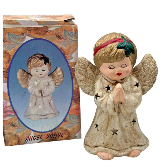 Christmas Ceramic PRAYING Angel Tea Light Candle Holder GILDED Stars Retro Decor - Picture 1 of 9